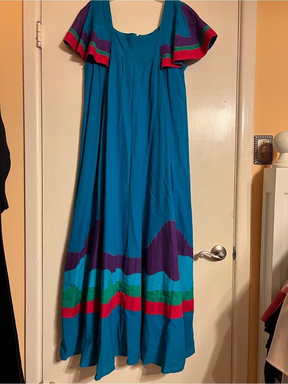 VTG 70s Mexican Tipicano Cotton Maxi Full Twirl Dress Boho Metal Zipper Large OS